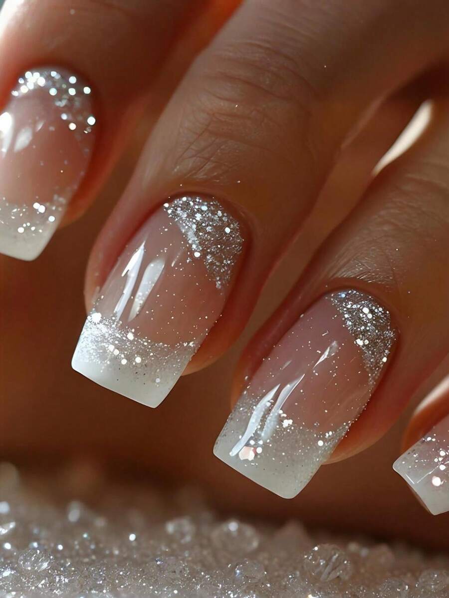 24pcs Medium Square Glitter Design French Tip Press On Nails Medium Fit Perfectly Acrylic False Nail Set,Contain 1pc Jelly Glue And 1pc Nail File, French Tip Nail For Women And Girls To DIY Daily Work Study And Party Use