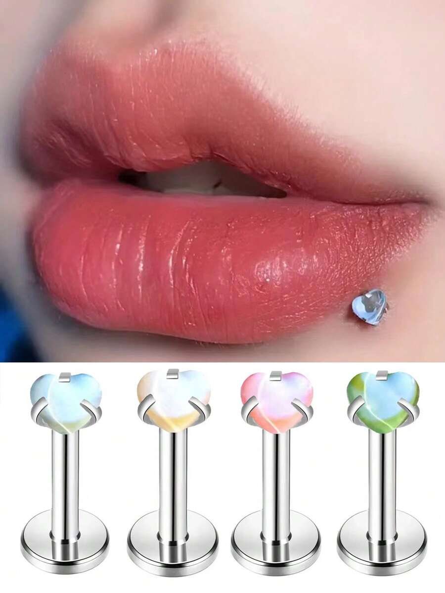1/4pcs Minimalist Spiral Auroras Heart Shape Holographic Lip Stud, Cartilage Earrings, European & American Style Body Piercing Jewelry, Suitable For Daily Wear