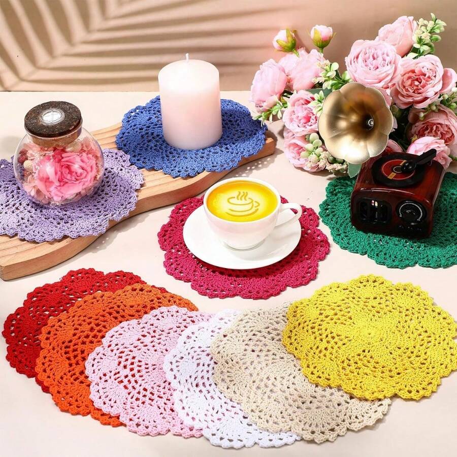 2/4 Peças Toalhinhas de Crochê Vintage Redondas de 8 Polegadas, Rendas de Tapete de Mesa Tricotadas, Conjunto de Toalha de Mesa Artesanal, Bordas Caneladas para Decoração Diária Doméstica, Decoração de Mesa para Casamento e Feriados