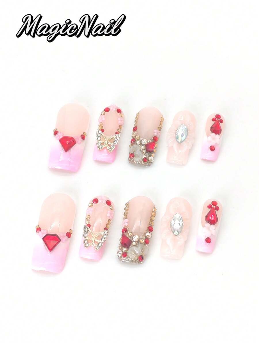 10 Pieces Of Pure Hand-Pressed Wearable Nails, Press On Nails,Nail Supplies,Nails Ptess On,Beach Essentials,33mm Square Nail Pieces, Pink And White Contrasting Colors, 3D Gold Diamond Butterfly Ornaments
