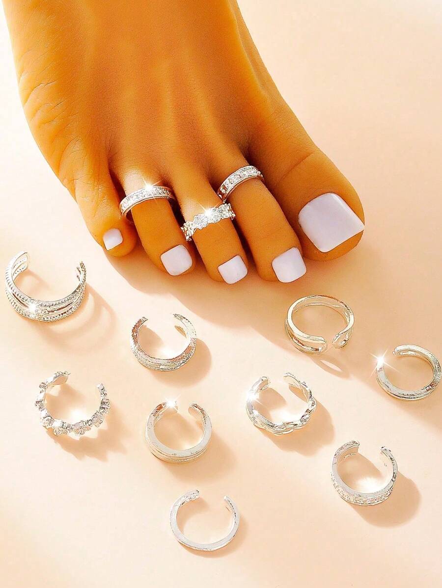 12pcs Retro Floral & Hollow Geometric Multi-Element Decorative Toe Rings Set, Suitable For Women & Girls Vacation, Party, Daily Wear Jewelry Accessories