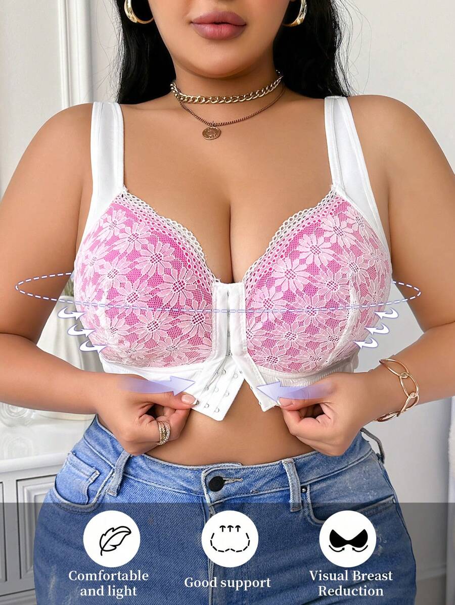 Plus Size Women Non-Wired Lace Patchwork Comfortable Everyday Bras