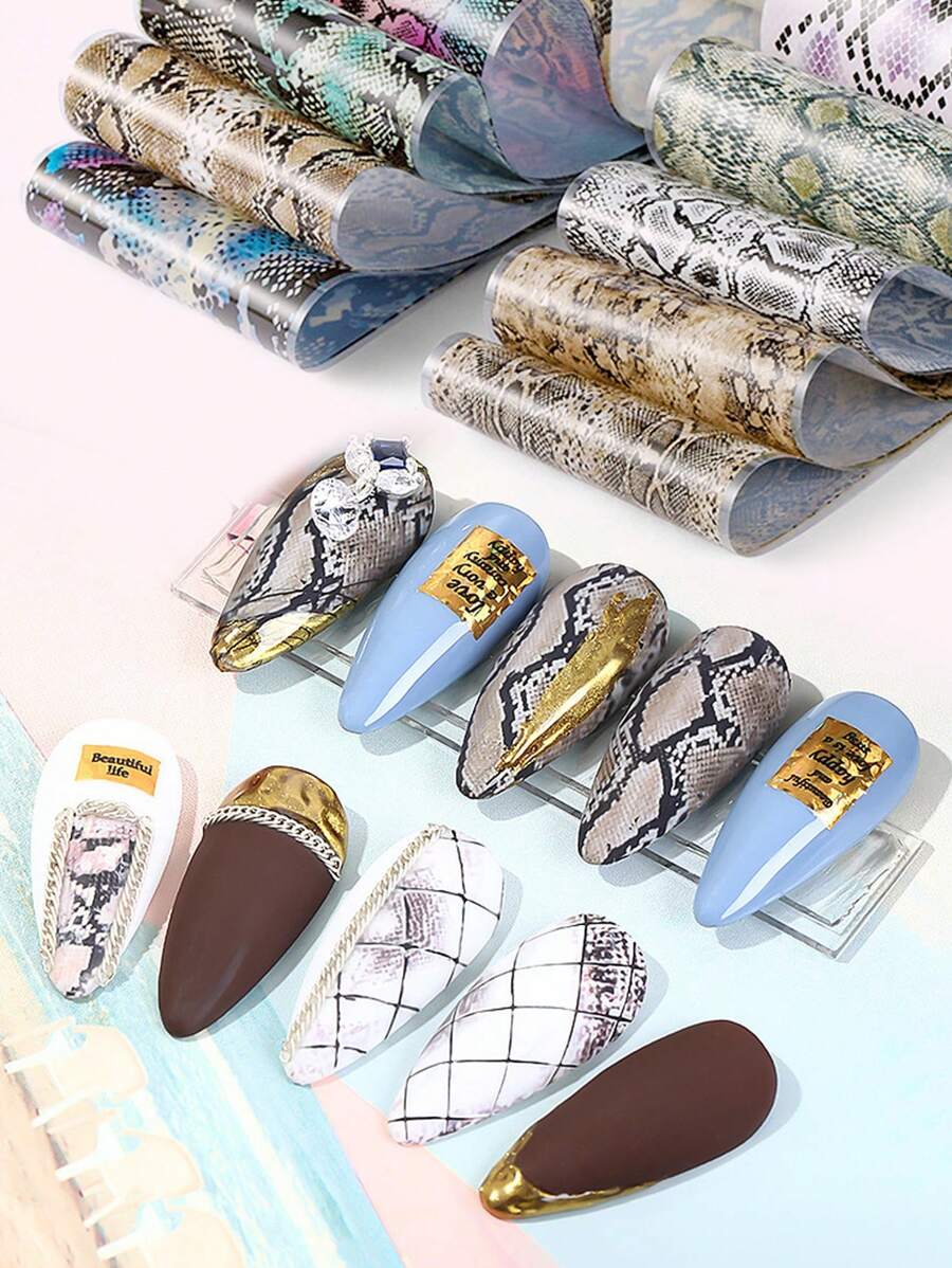 Beautizon Nailartlab 10 Peças Papel Adesivo de Transferência de Estampa de Pele de Cobra para Decoração de Unhas Estilo Punk 5D DIY