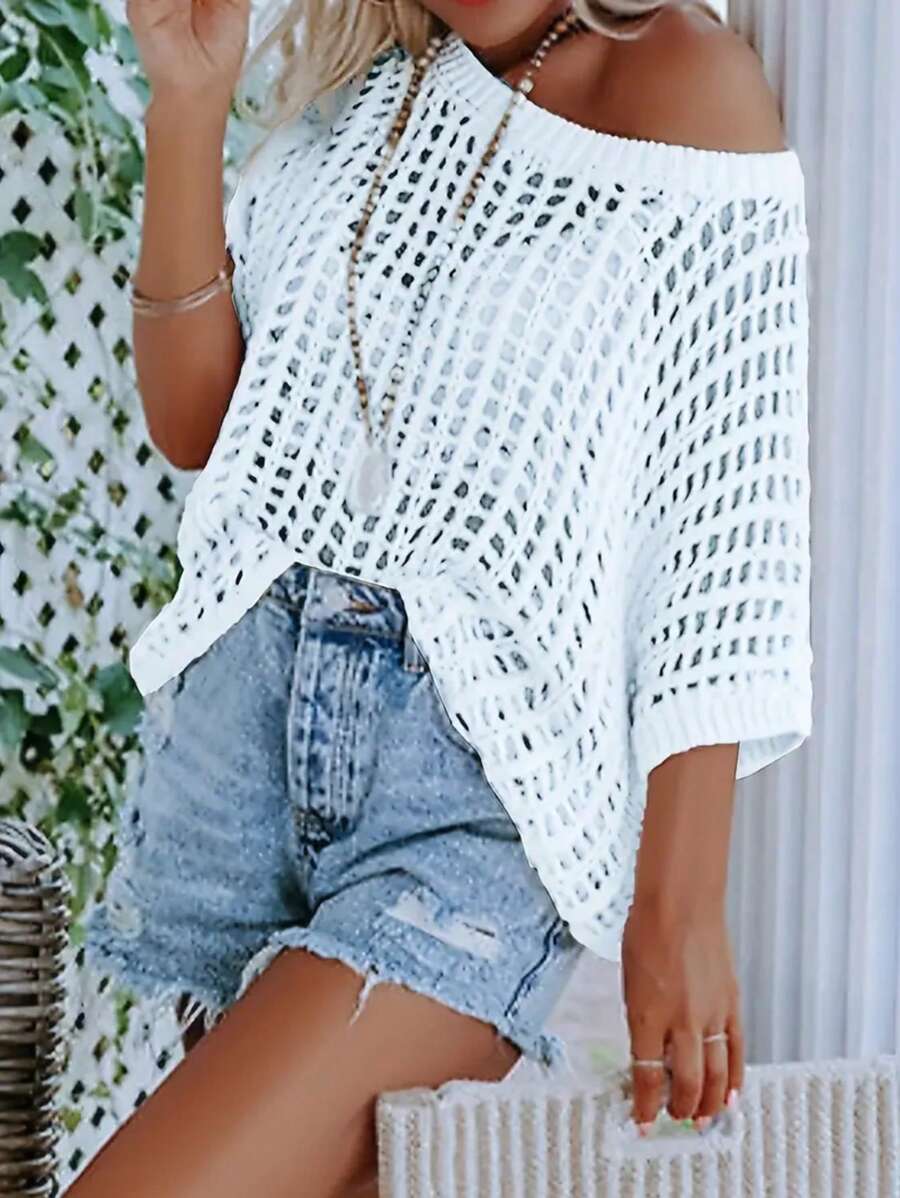 Suéter pulóver de verano elegante para mujer con mangas cortas y diseño calado, utilizado como cubre traje de baño