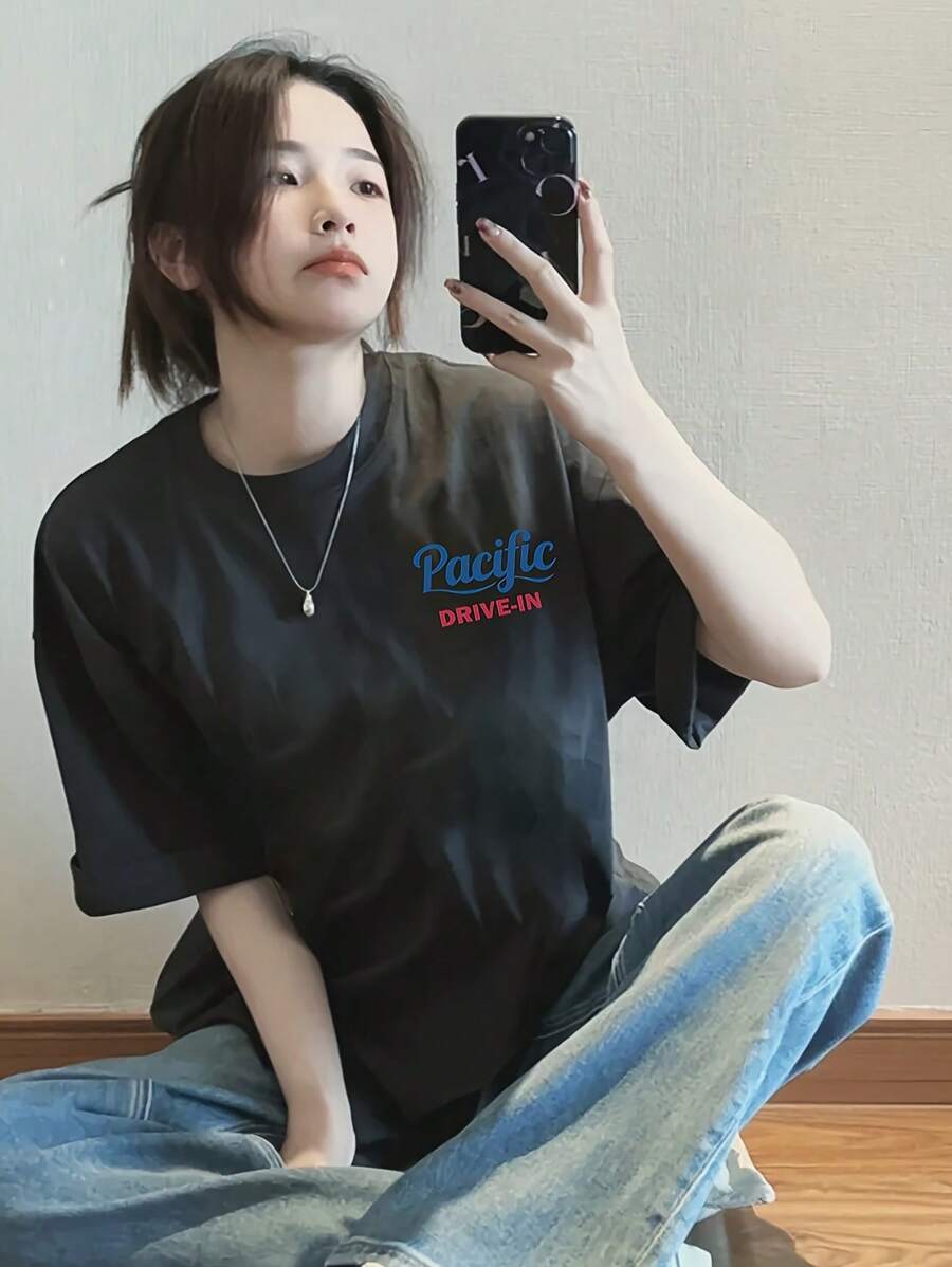 Made In Japan, Spring/Summer Cotton, Round Neck, Loose Fit, Versatile, Simple, English Print Short-Sleeve T-Shirt