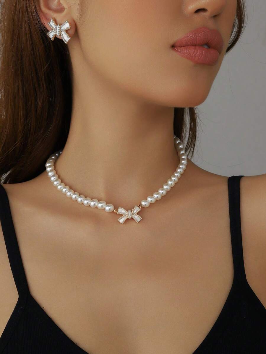 Conjunto de 3 peças de colar e brincos com laço de pérola falsa, conjunto de joias elegante e versátil, adequado para mulheres, uso diário, escola, namoro, casamento, festa, dia dos namorados, feriado