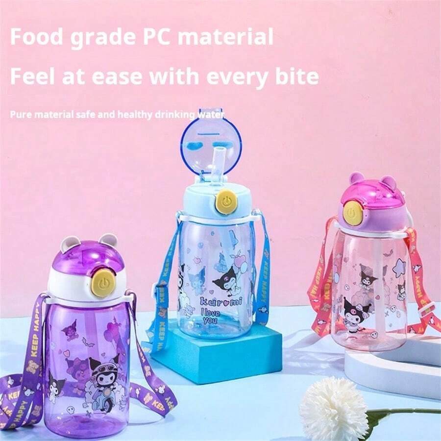Sanrio 1pc Sanrio Kuromi Themed Kids Water Bottle, Cute & Portable Summer Cup For School, Cartoon Design With Straw