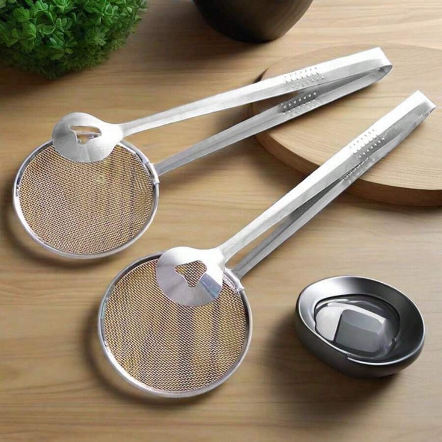 Stainless Steel Fine Mesh Strainer Tongs, 2-In-1 Oil Filter Spoon & Colander With Clip, Multifunctional BBQ Filter Clamp Strainer Kitchen Tools