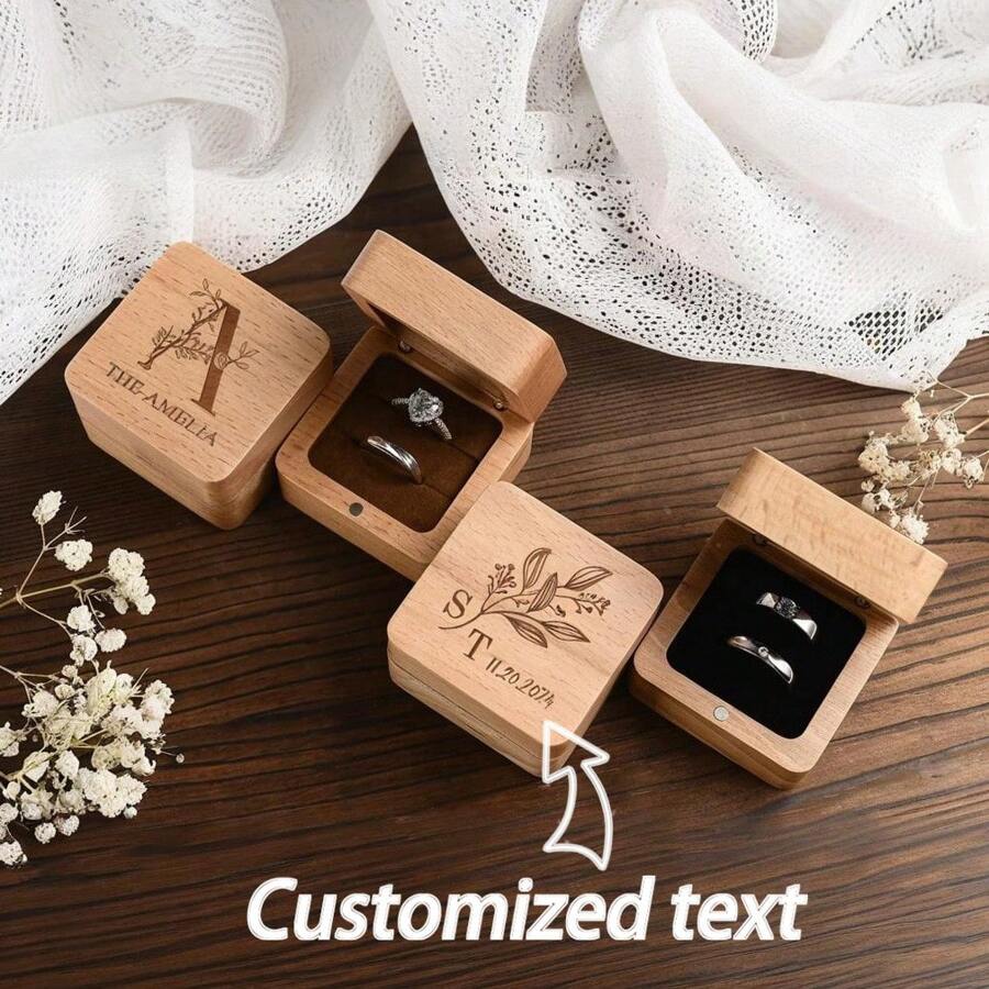 1 Pc Personalized Engagement Ring Box, Customized Engraved Wooden Ring Box, Double Slot Square Wedding Ring Box, Ring Bearer Box, Anniversary Gift For Her, Valentine's Day Gift, Mother's Day Gift