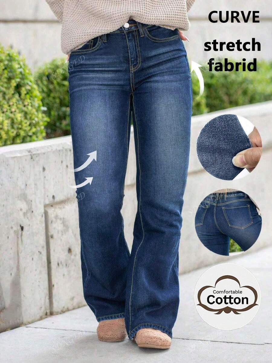 Plus Size Women's Stretchy Flare Jeans, Long Slim Leg, Versatile For Commuting, Summer