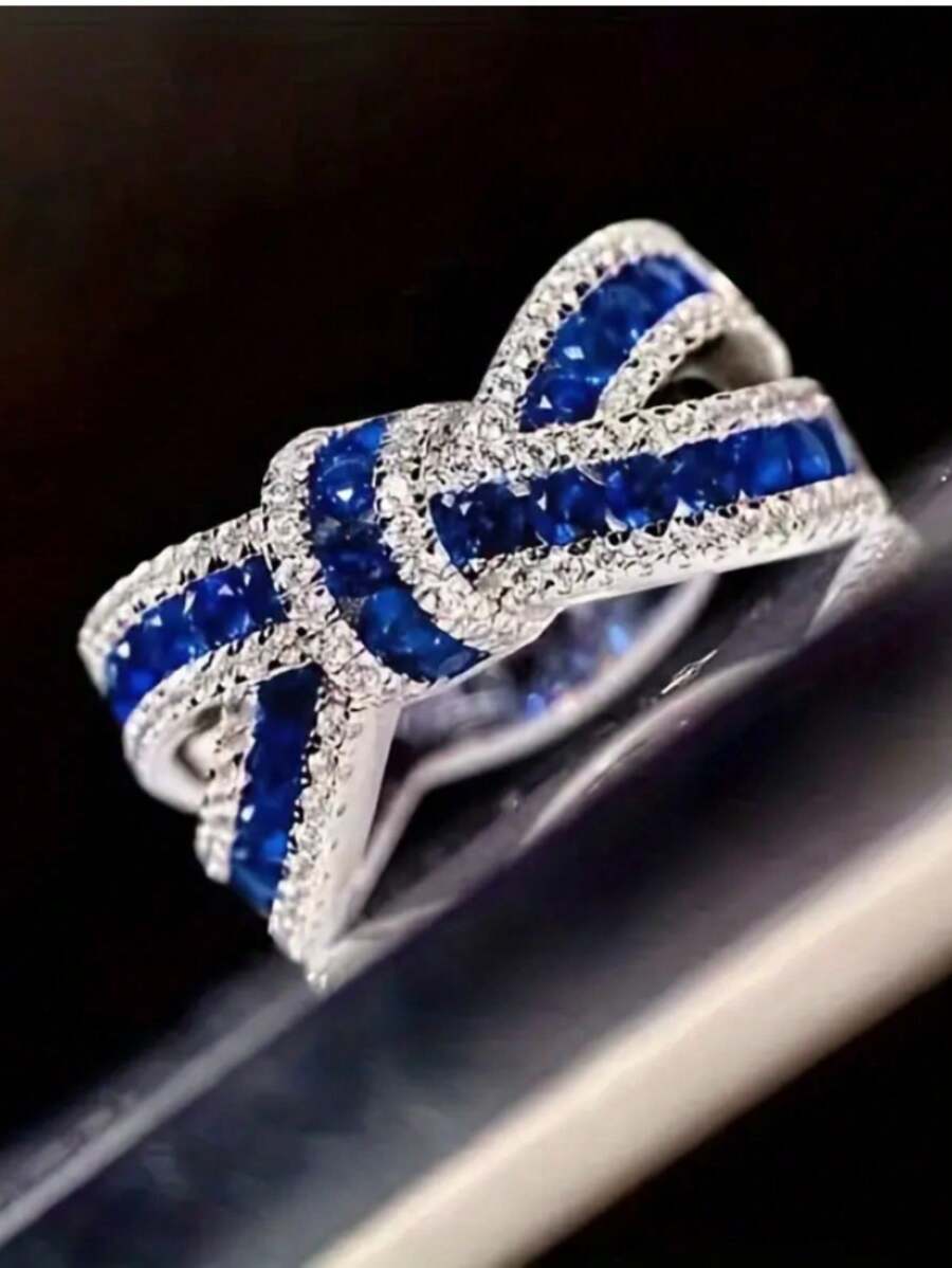 Anel de Compromisso Elegante, Design de Laço Chique, Prateado, Pavimentado com Gemas Brilhantes, Anel de Noivado e Casamento, Decoração para Festa Noturna, Presente para Ela
