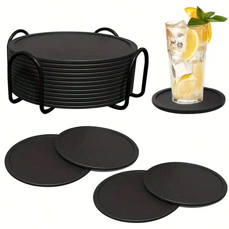 6 Stück schwarze Silikon Getränkeuntersetzer mit Edelstahlhalter - rutschfest, wiederverwendbar und leicht zu reinigen - perfekt zum Schutz von Tischen und Gartenmöbeln vor Wasserringen und Flecken - ideal für den Heimgebrauch mit Tassen, Bechern und Getränken, Silikon Untersetzer für Getränke, Schulanfang, Halloween, Weihnachten