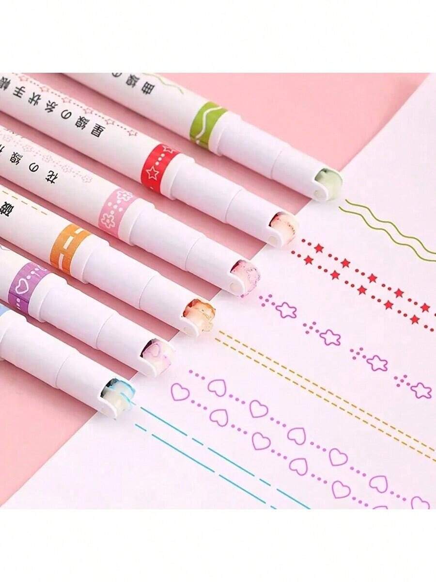 6pcs/Set Colored Curve Pens Highlighter Sets, Different Colors With 6 Different Curve Shape Fine Lines, Pens For Note Taking,Pens For Teen Kids Writing Journaling Drawing Scrapbook Back To School