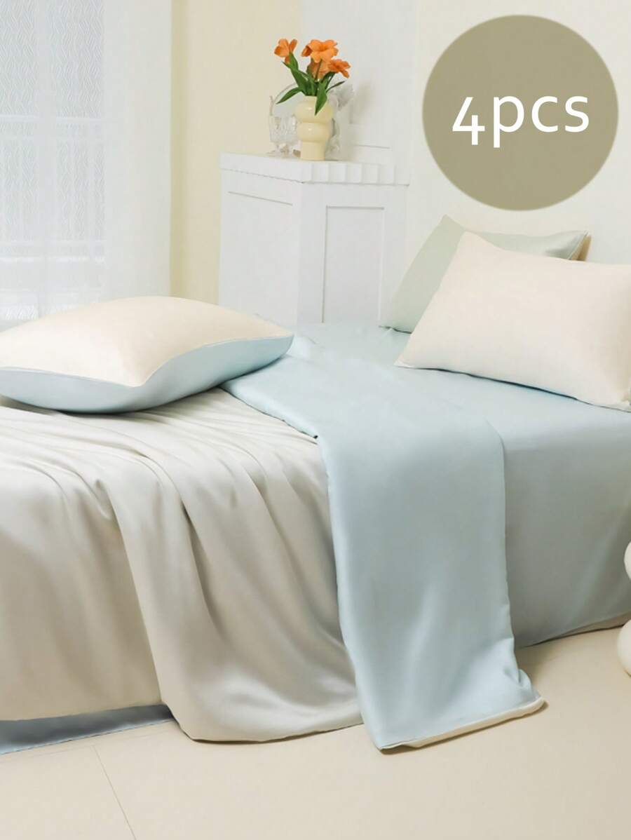 4pcs Bedding Set (1pc Duvet Cover + 1pc Flat Sheet + 2pcs Pillowcases, Without Filler), High-End Silky Satin Smooth Icy Silk Duvet Cover, White/Pastel Blue Minimalist Patchwork, Soft Breathable Wrinkle-Free, Can Be Slept On Directly, Luxury Hotel Style, Children's Dorm, Home Bedroom, Suitable For Spring And Summer