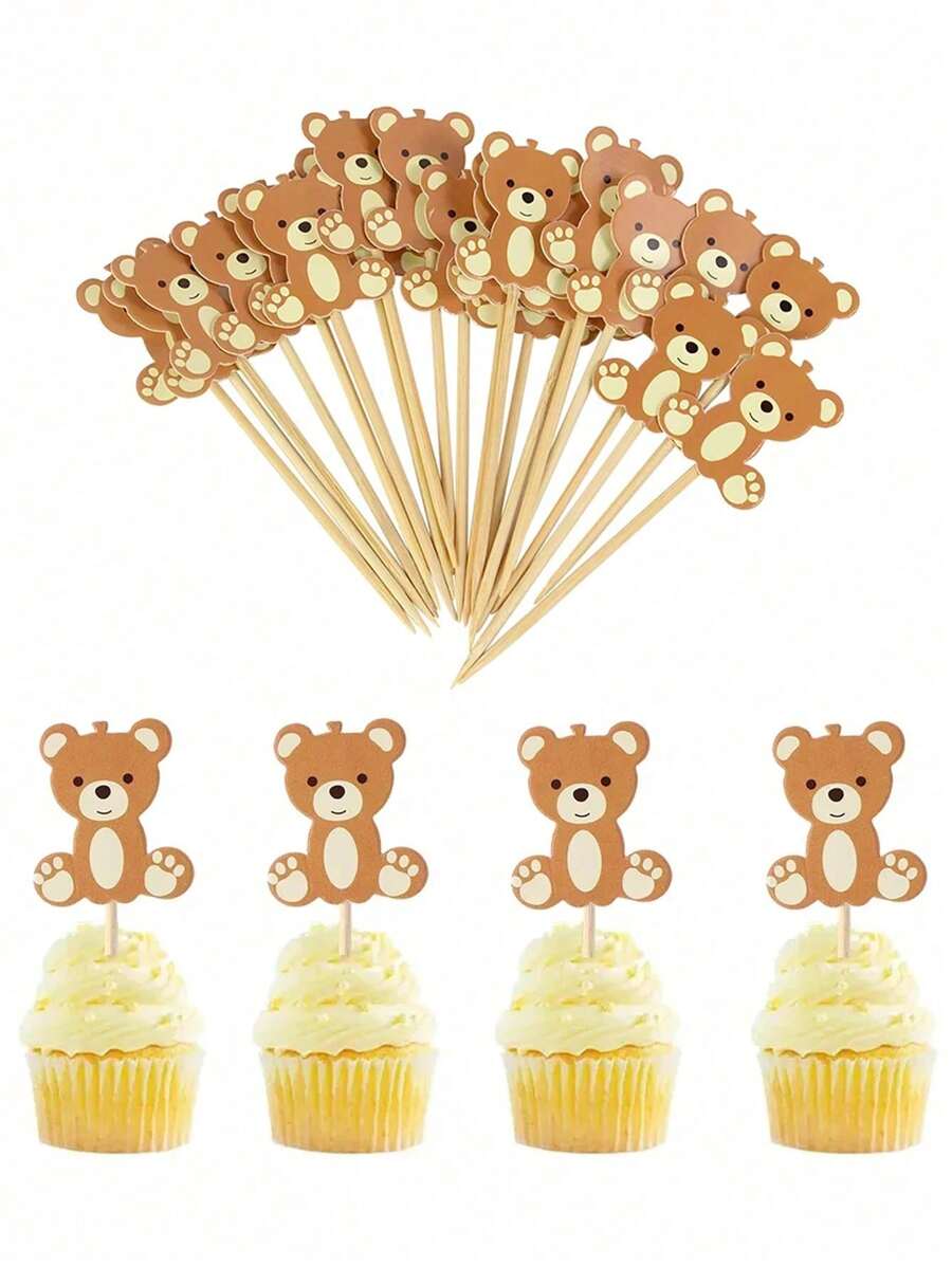 20pcs Of Cute Teddy Bear Cupcake Decorations, Toothpicks, Cocktail Sticks, Kimchi, Dessert Fruit Forks, DIY Cupcake Decorations For Weddings, Birthday Parties, Bridal Showers, Graduation Decorations, Wedding Party Decorations, Tableware Accessories