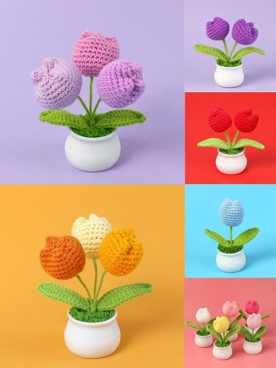 1pc Handmade Crocheted Yarn Simulation Tulip Potted Plant, Round Cute Woven Yarn Tulip, 1 Double Headed Stamen, 1 Triple Headed Flower Bud, Desktop, Car, Office, Home Decoration, Small Gift, Can Be Given To Family, Friends, Classmates, Birthdays, Teachers, Souvenirs, Night Market Camping Parties, Scenic Spots Easter Gifts Graduation,Garden Decor,Outdoor Plant,Gardening,Fake Flowers