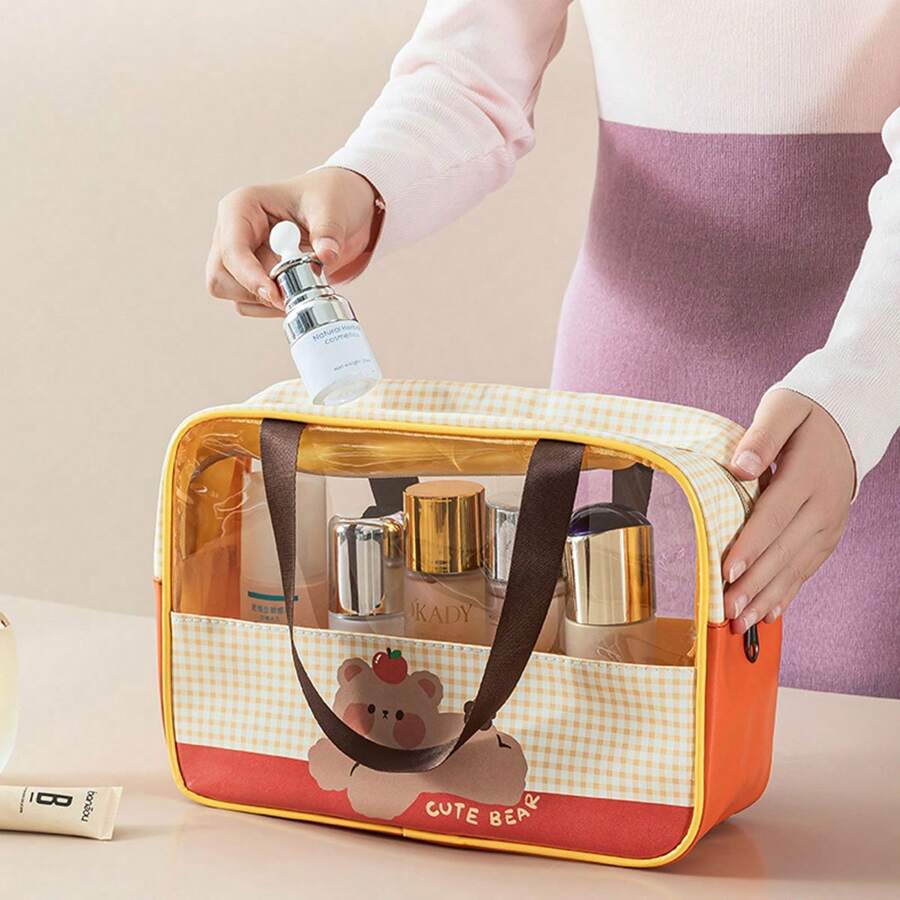1pc Funny Transparent Cosmetic Bag/Portable Toiletry Bag/Waterproof PVC Storage Pouch/Double-Layer Separation Dry & Wet Bag