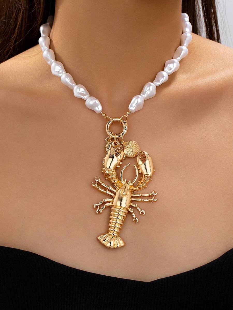 1 pieza Collar con colgante de concha de langosta, estrella de mar, estilo de vacaciones bohemio con perlas para mujer