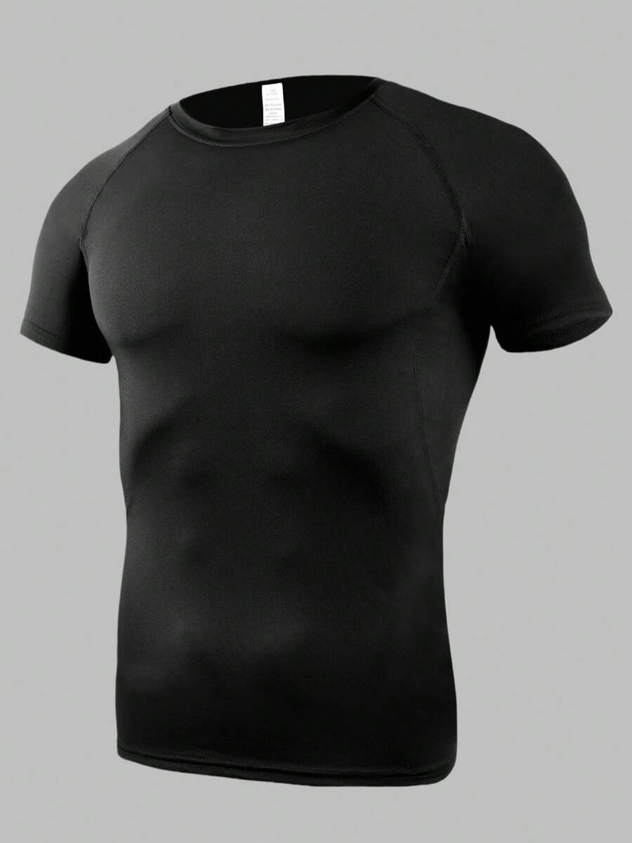 Men's High Elasticity Sports Muscle Fit Short Sleeve T-Shirt - Tight Compression Tee, Machine Washable, Solid Color For Gym & Casual, Suitable For All Seasons | Fashion Design | High Stretch Fabric