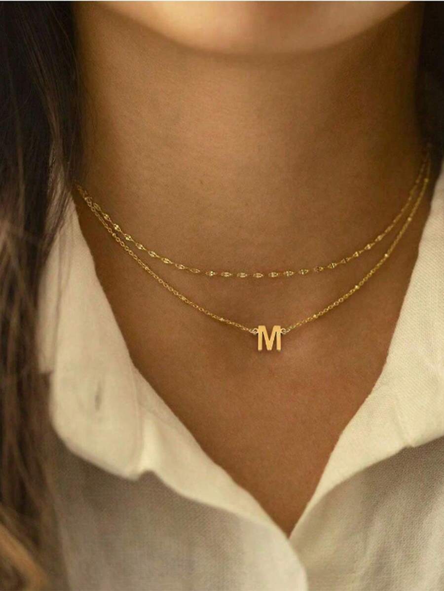 Set de 2 piezas de nuevo collar de cadena con cuentas y colgante de letra inicial A-Z de acero inoxidable de moda para mujeres