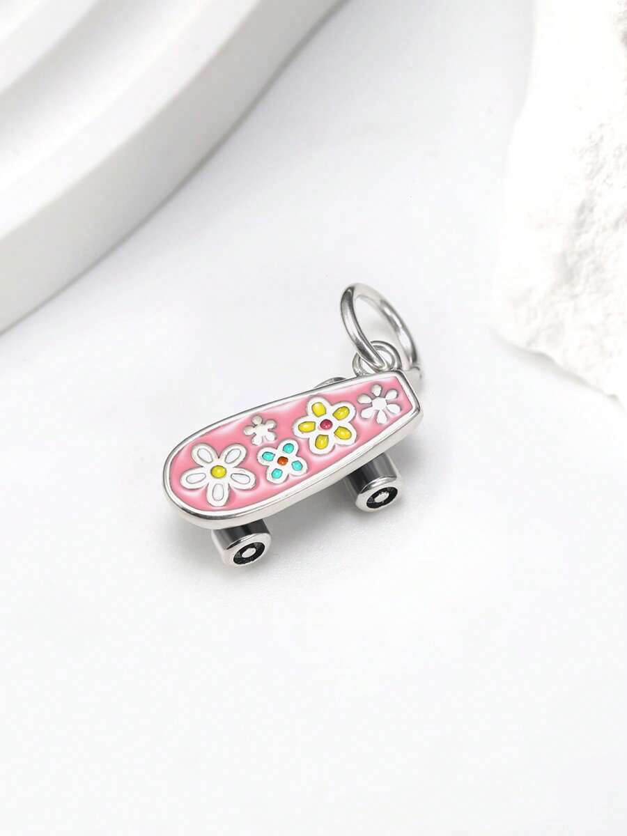 1pc Simple Unique 925 Sterling Silver Enamel Floral Skateboard DIY Pendant Women Fine Jewelry Gift