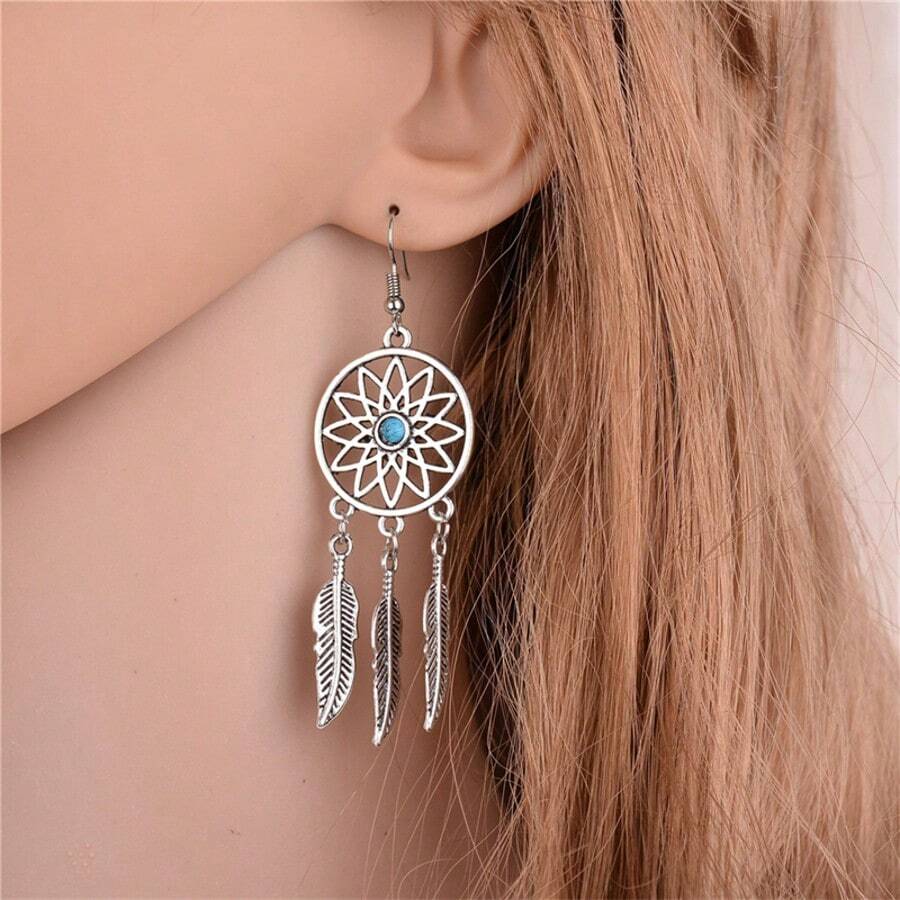 1 Pair Turquoise Leaf Pendant Earrings, Vintage Silver Turquoise Feather Dreamcatcher Pendant Necklace, Family Friend Gift, Metal