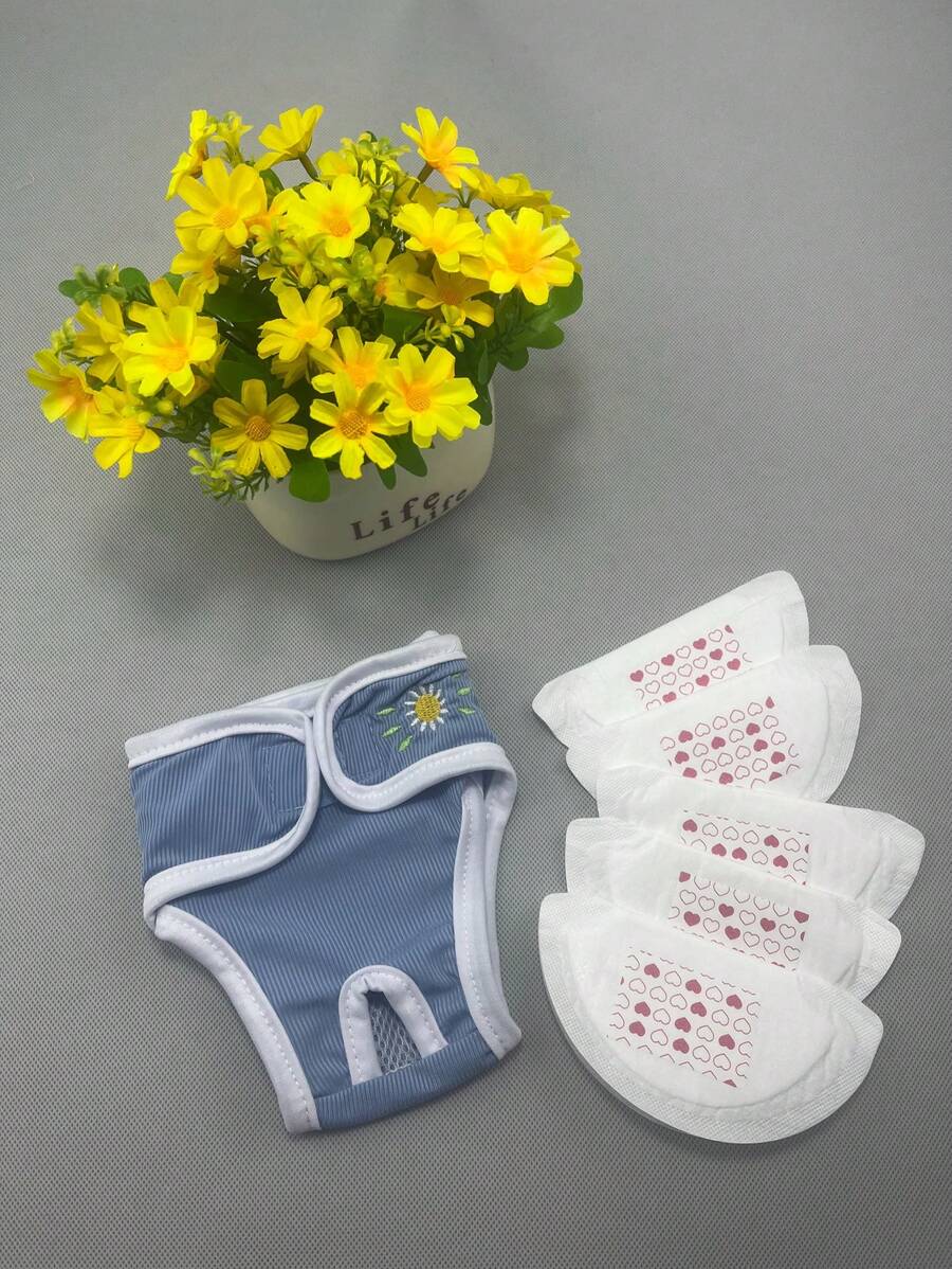 Culotte pour chienne en période physiologique, rose et bleue, avec 5 pièces de serviettes hygiéniques