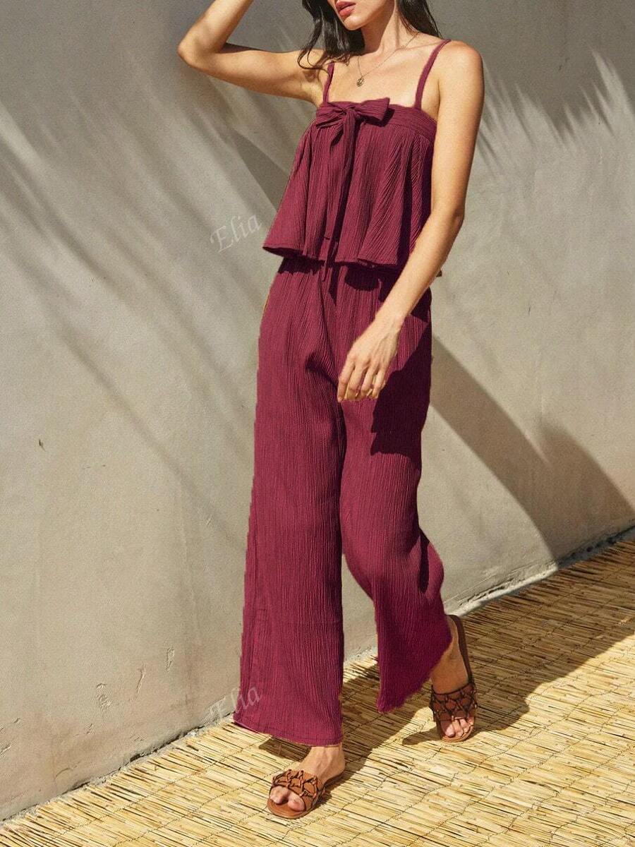 2pcs Set Solid Color Butterfly Strap Camisole Top & Pants