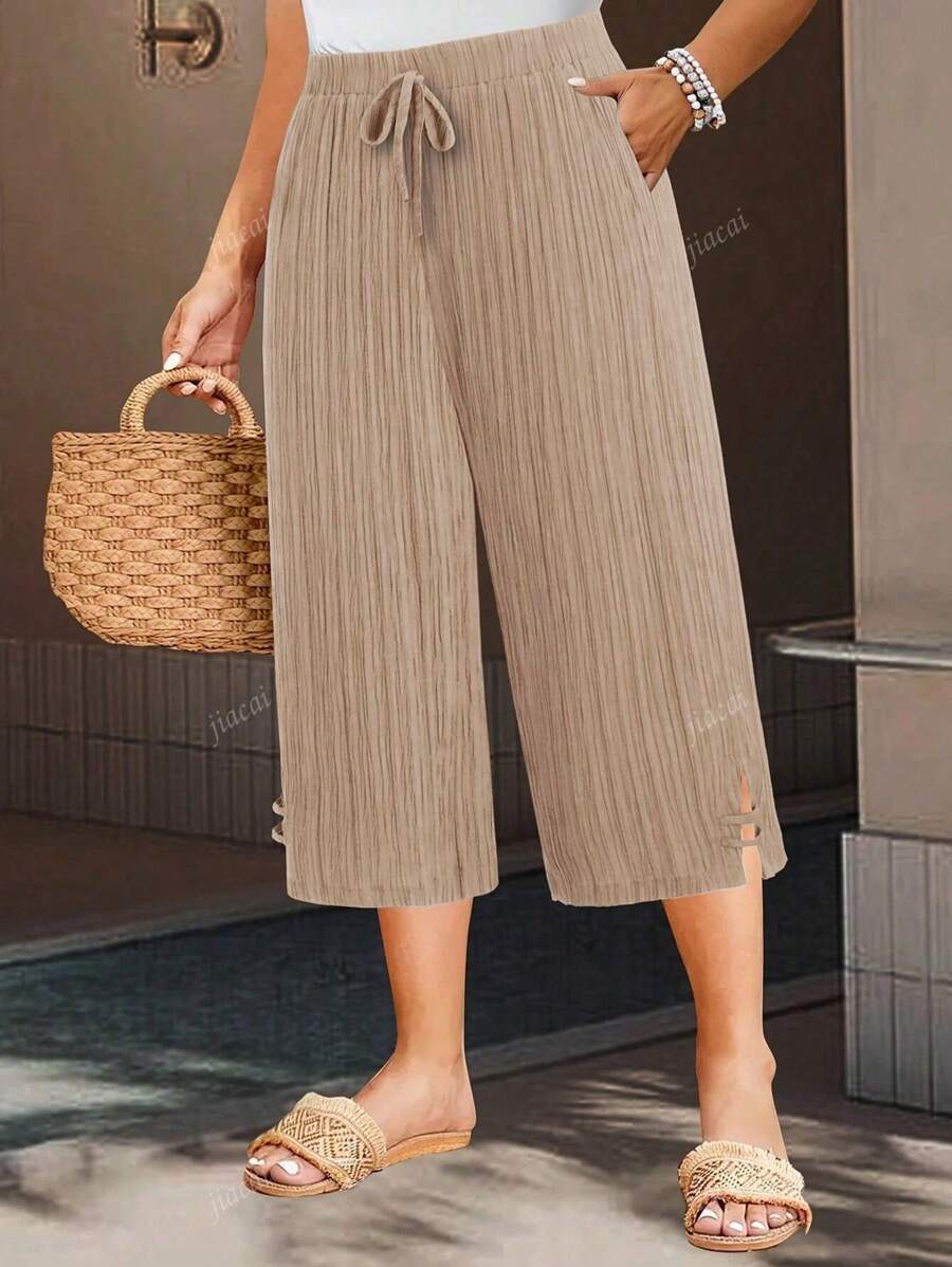 Plus Size Women's Elegant 7/8 Length Pants - Pleated, Striped, Straight Leg Design, Side Slit, Machine Washable, Comfortable Fit - Suitable For Daily Fashion