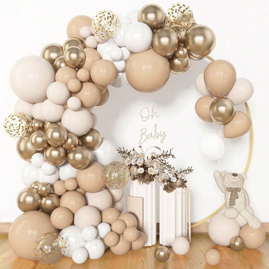 90pcs White Balloon Arch & Garland Kit, 18" 12" Sizes, Beige Cream Champagne Gold Metallic & Confetti Latex Balloons Suitable For Boho Neutral Baby Shower Birthday Party Decor