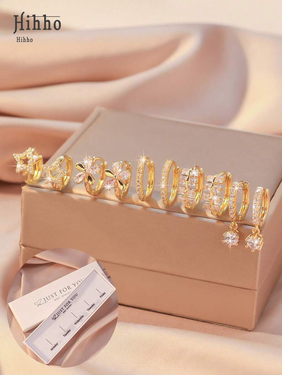 Hihho Conjunto de 10 brincos (com elegante caixa de presente branca) com design simples de coração e flor em tom dourado, adequados para uso diário e presente de Dia dos Namorados para meninas