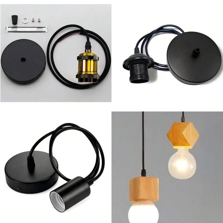 2pcs Vintage Lamp Base & Lamp Holder, Personalized Industrial Style E27 Lamp Base, Aluminum Lamp Holder, Wooden Lamp Holder With Wire, Pendant Light Metal Base
