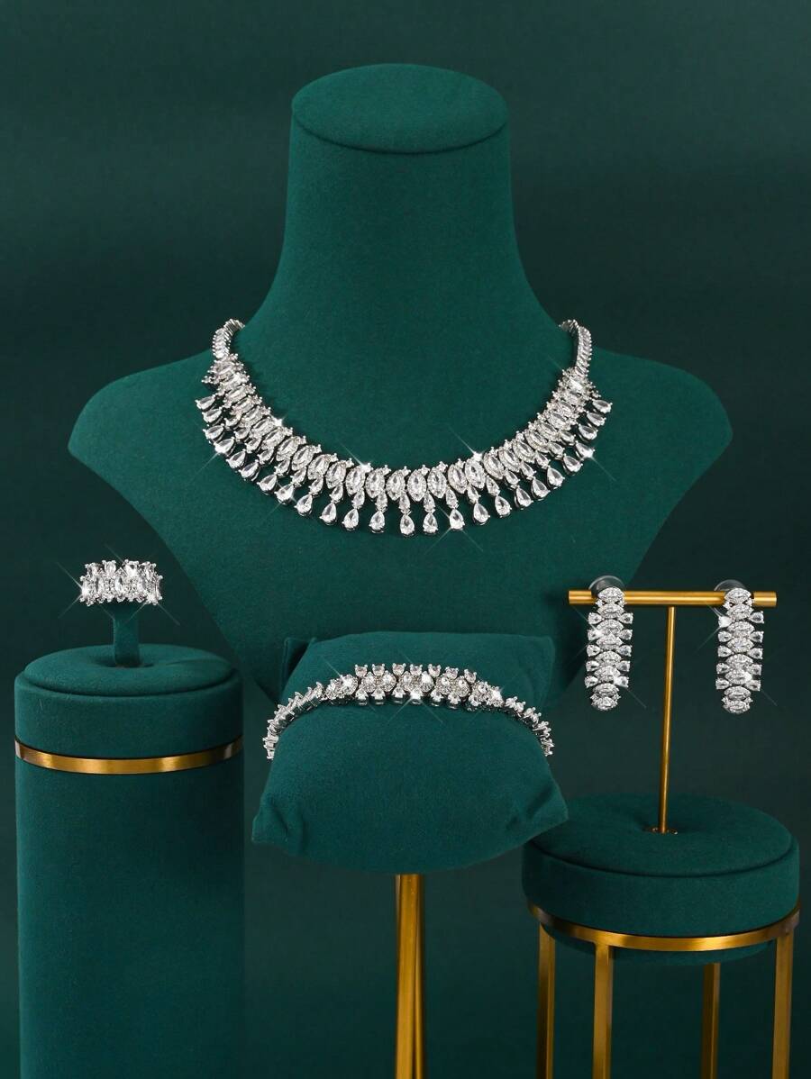 4 pièces/Set Parure de bijoux mode Arabie Saoudite, collier pendentif goutte d'eau avec micro-pavé de zircone blanche/bleue/verte, accessoires de mariage de mariée