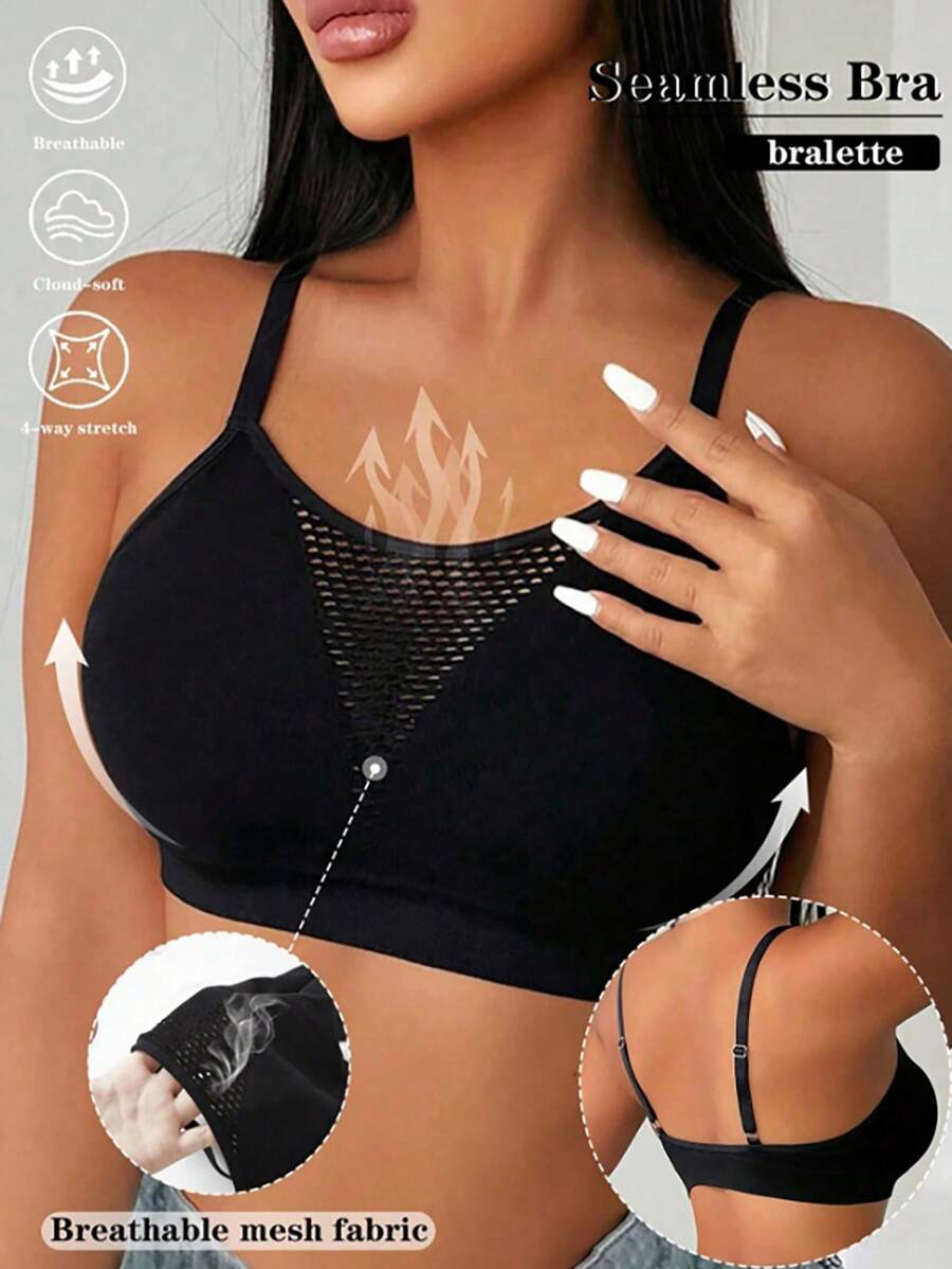 Sujetador inalámbrico de mujer de capa única sin costuras de unicolor, diseño de red de cuello en V transpirable y cómodo para uso casual