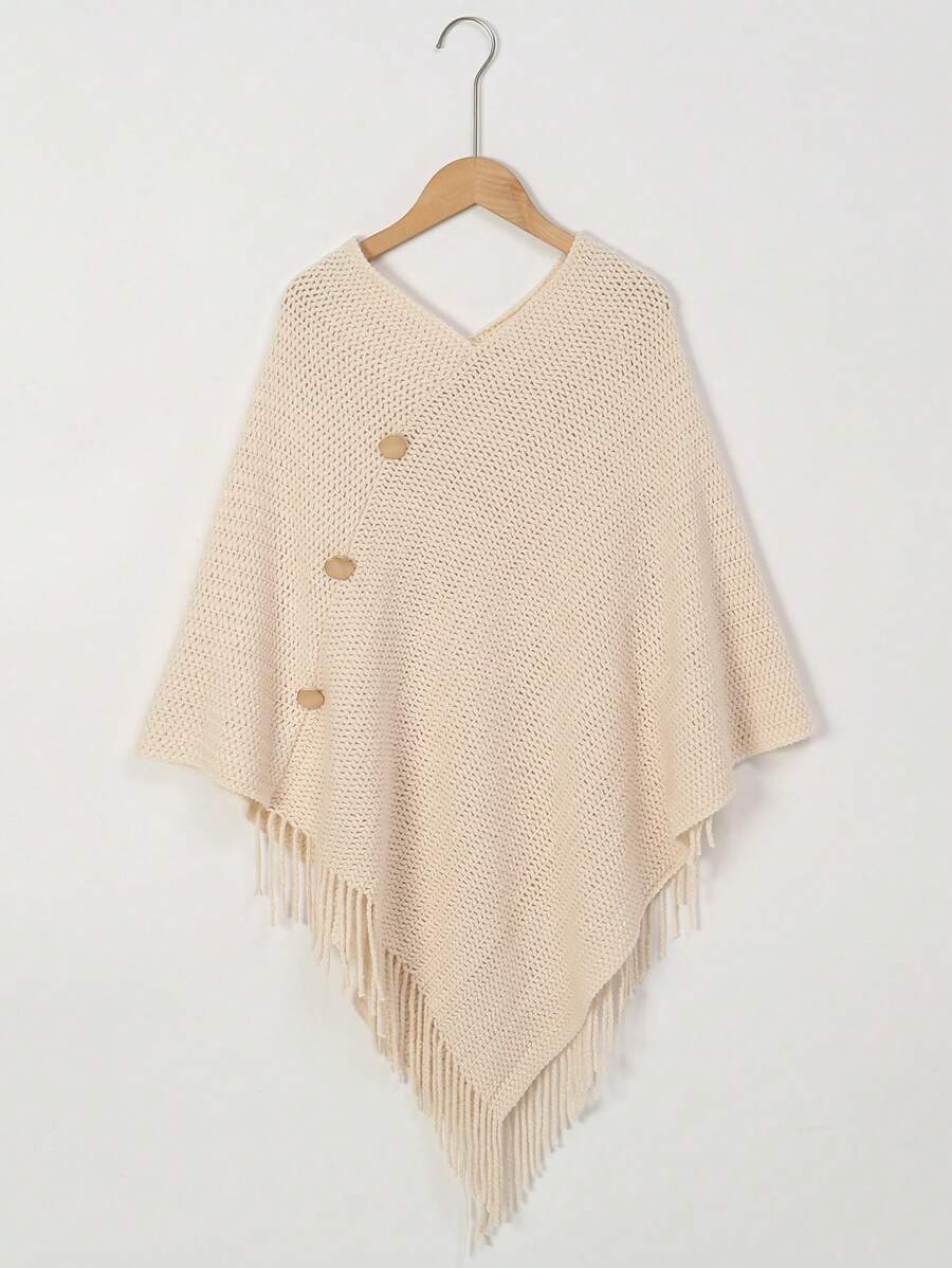 1pc Women's Solid Color Button Tassel Knit Poncho Shawl Cardigan, Warm & Stylish, Casual For Holiday And Daily Wear