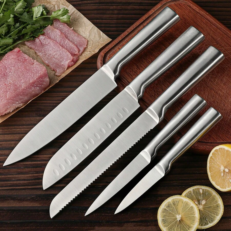 Ensemble de 5 pièces de couteaux à poignée ronde en acier, couteau de chef en acier inoxydable, couteau à pain, couteaux multifonctions pour couper les légumes, la viande, les fruits et le pain