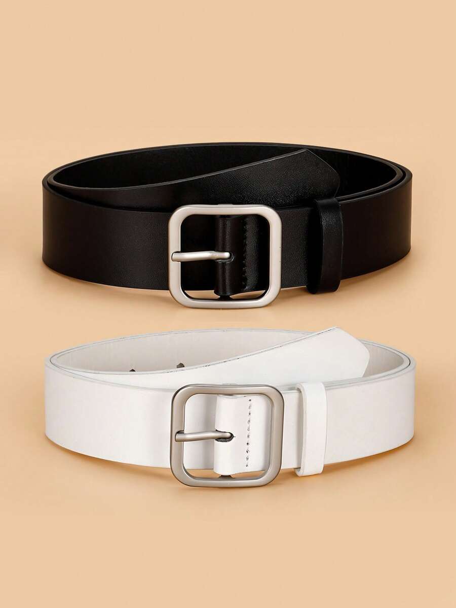 2pcs Solid Square Buckle Decorative Waist Belt, Versatile & Suitable For Daily Use, Women Summer, School