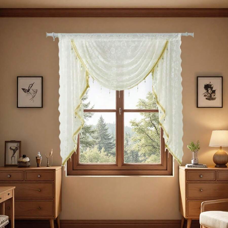 1pc Rod-Pocket Floral Embroidered Valance Panel With Tassels - Fits Any Curtain Rod, No Hardware Included