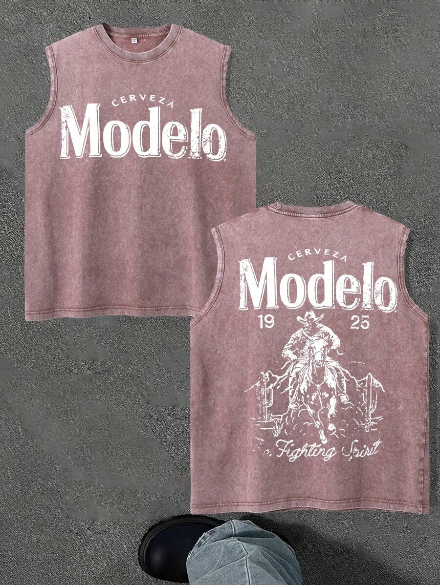 Modelo Front And Back Prints New Men's Premium Printed 230G Heavy Pure Cotton Washed And Aged Waistcoat Sleeveless Vest Men's T-Shirt, Summer Casual T-Shirt Casual T-Shirt