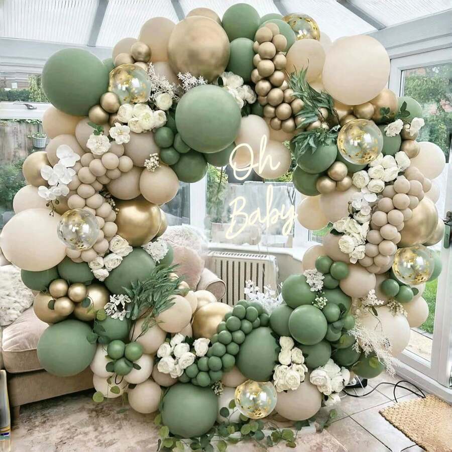150pcs Greenish-Gray & White Balloon Arch Kit, Green, Beige & Gold Metallic Balloon Garland Set With Multicolor Confetti Balloons, Suitable For Birthday, Wedding, Baby Shower, Bachelor Party Decoration