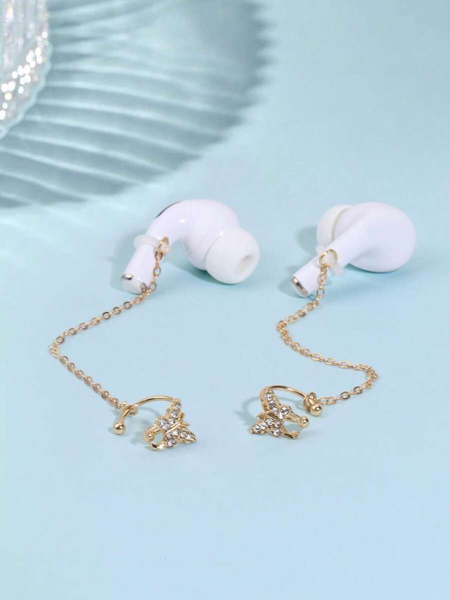 2pcs Bluetooth Earphone Anti-Lost Strap, Rhinestone Butterfly Design Earring Hook Compatible With AirPods