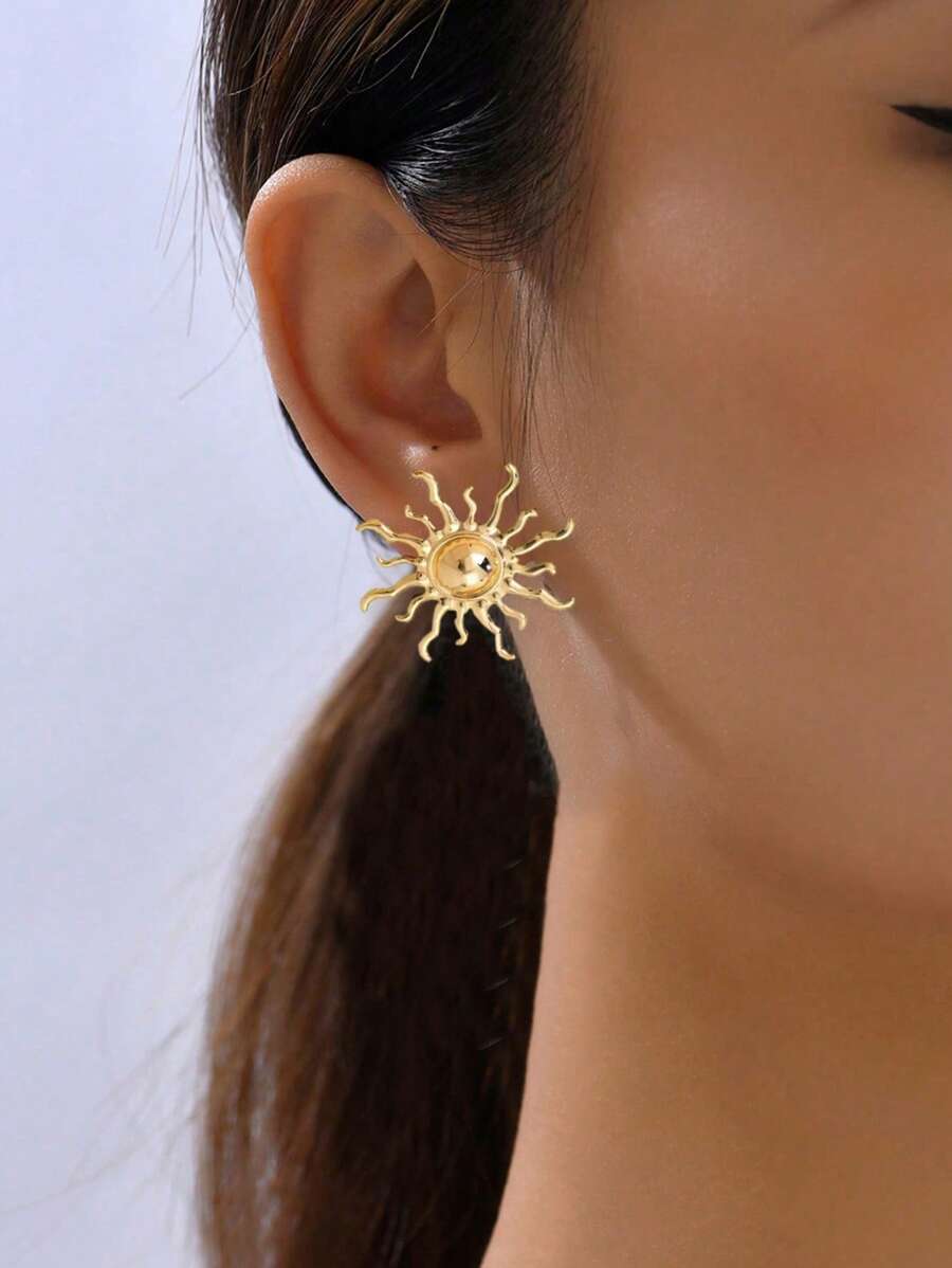 1 Pair Metal Stylish Sunflower Earrings, Elegant Asymmetric Floral Stud Earrings For Women, For Daily, Street, Festival Wear