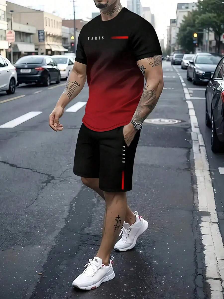 KOVSEE Set da uomo estivo, 2 pezzi, composto da maglietta a maniche corte e pantaloncini, colori nero e grigio con stampa sfumata a lettere "PARIS", adatto per sport all'aperto, casual, uso quotidiano, running, basket, calcio, abbigliamento sportivo traspirante, tuta da fitness, regalo per il fidanzato