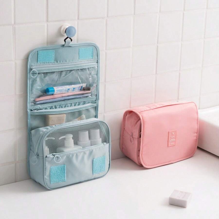 1pc New Stylish Korean Waterproof Travel Organizer Bag, Large Capacity Portable Toiletry Makeup Organizer Bag With Hook,For Holiday Beach, Bathroom Collection, Bedroom Collection, Large Capacity