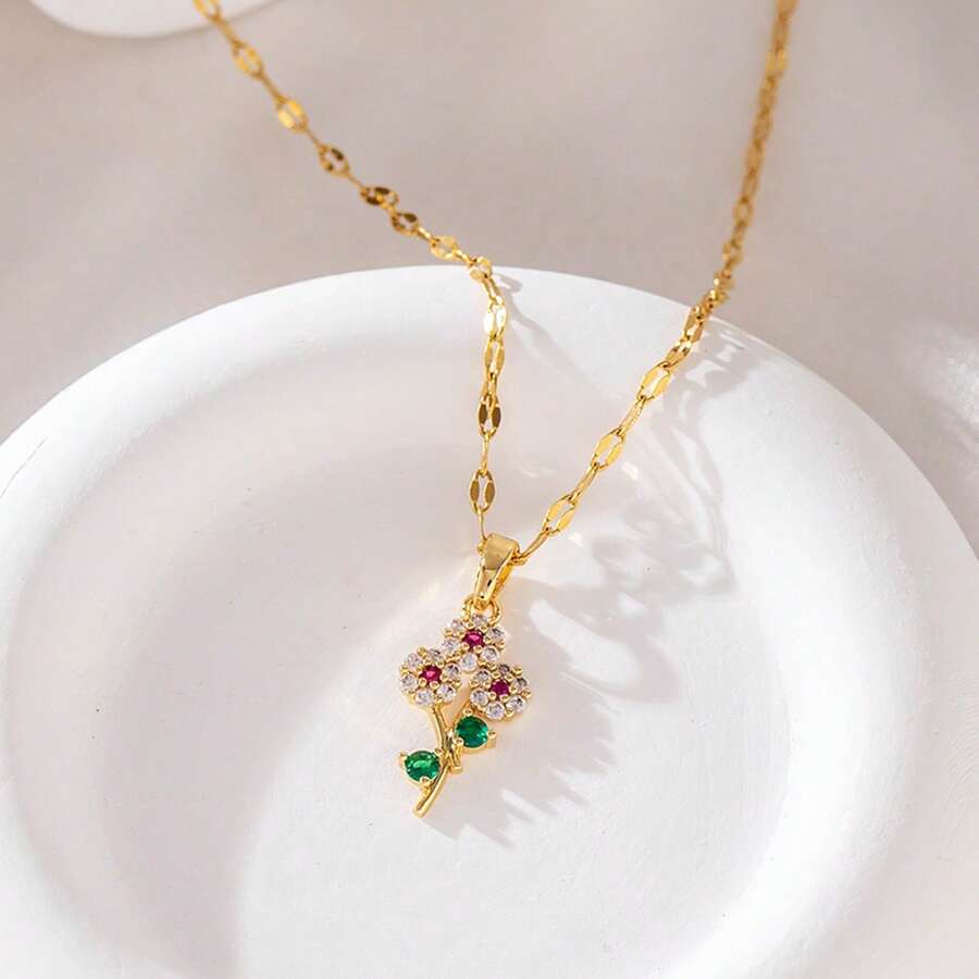1pc Fashionable 18K Gold Plated Floral Pendant Necklace With Inlaid Zirconia, Suitable For Women's Daily Wear, Jewelry Gift For Friends