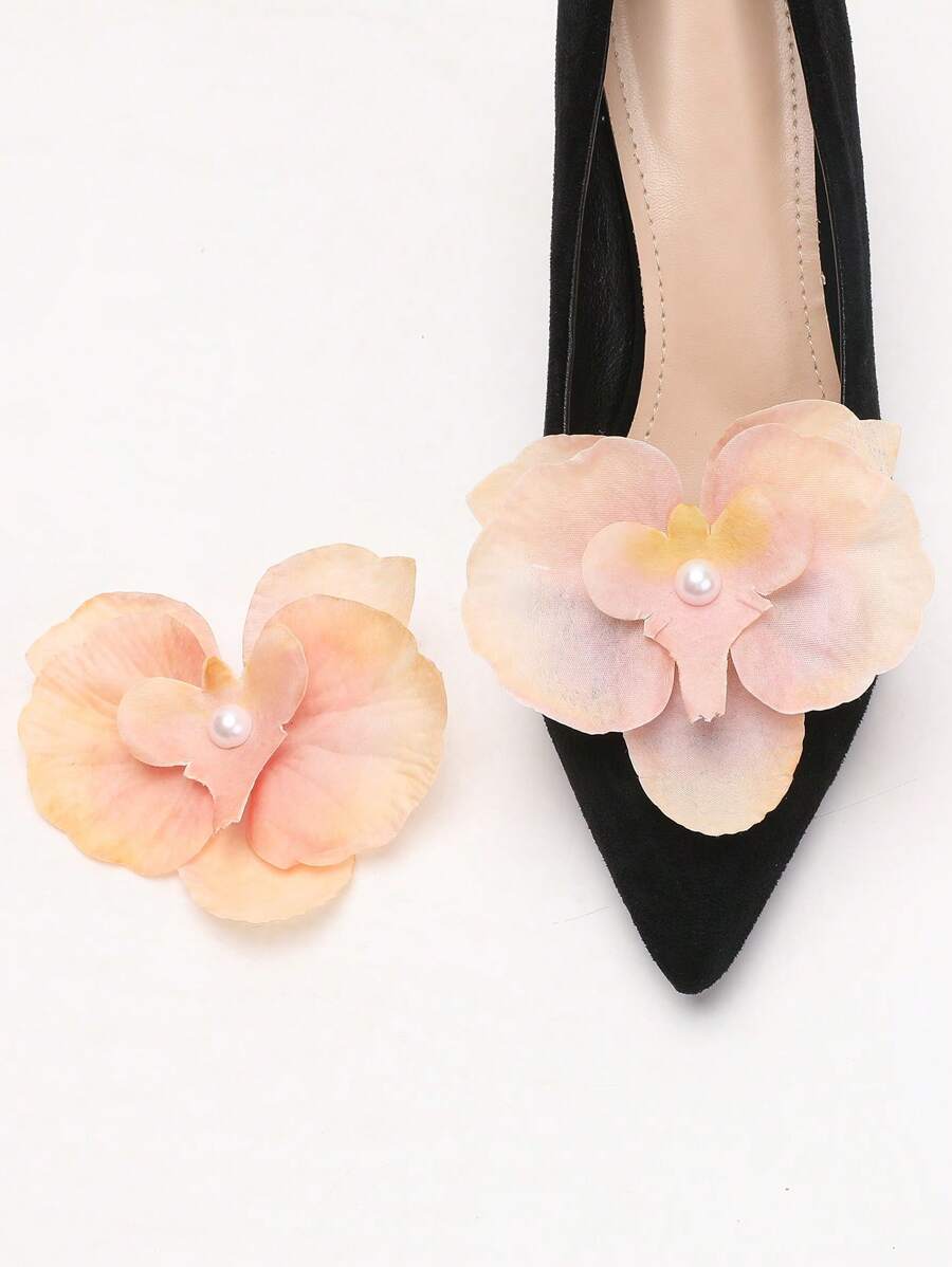2pcs Sweet Ombre Artificial Phalaenopsis Orchid Flower With Faux Pearl Detachable Shoe Decorations