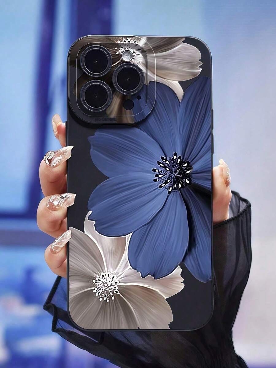 غطاء هاتف TPU واقٍ بنقوش زهور زرقاء وبيضاء ، غطاء كامل متوافق مع هواتف آيفون 16، 15، 14، 13، 12، 11، XS، XR، X، 7، 8، ميني، بلس، برو ماكس، SE وما بعدها ، مناسب للرجال والنساء