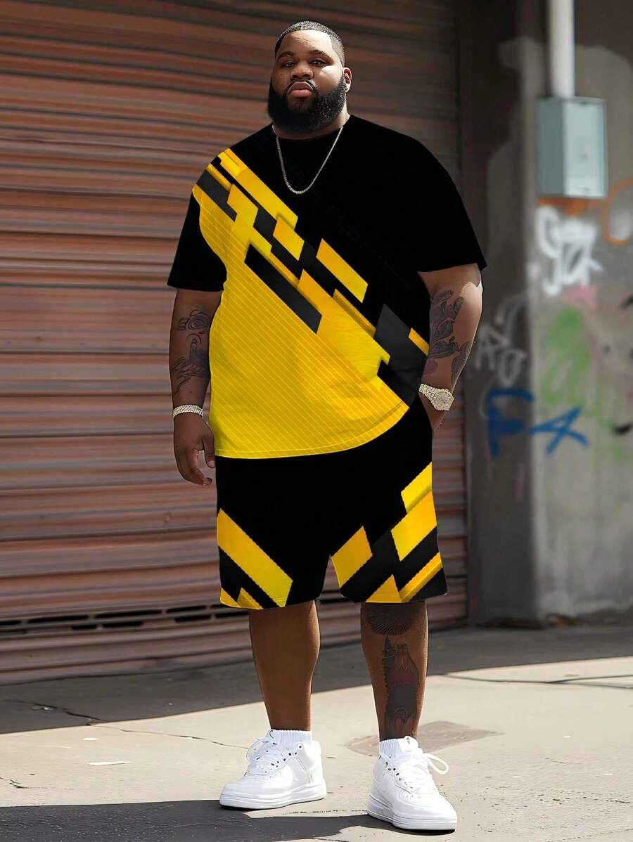 Conjunto de camisetas con estampado geométrico para hombres | Estilo urbano suelto de manga corta | Conjunto holgado de poliéster elástico y de secado rápido | Estilo rebelde de hip hop de alta calle