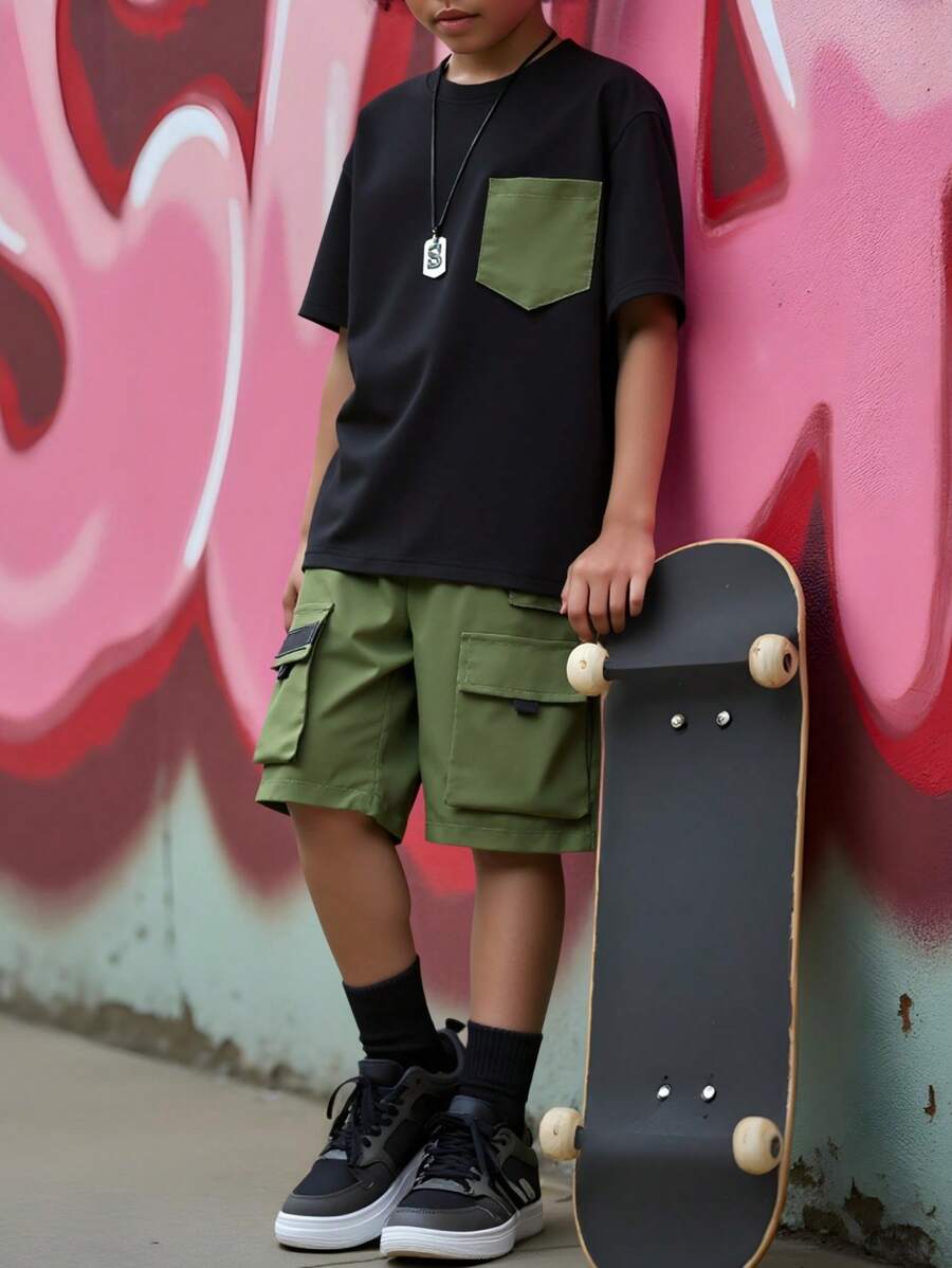 Tween-Jungen Tägliches, lässiges, kurzärmliges Arbeitskleidungs-Set mit Taschenshorts, 2-teiliges Set