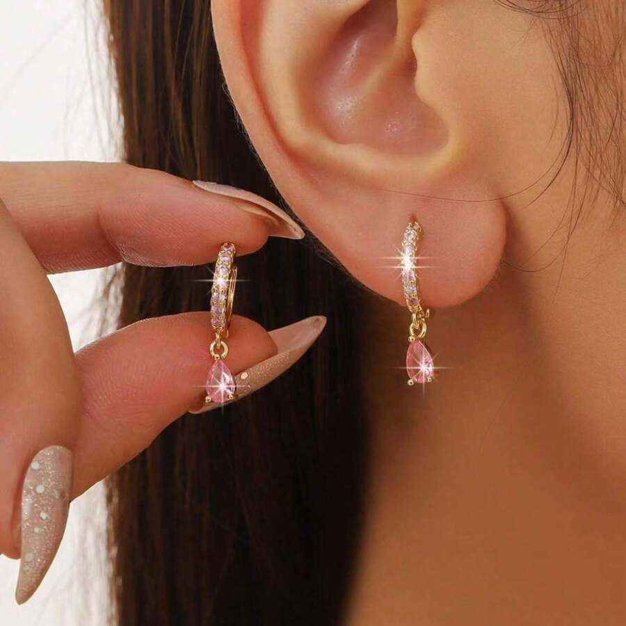 Pendientes de gota de agua con circonita cúbica rosa, accesorio de lujo de diseño exclusivo con sensación de alta gama